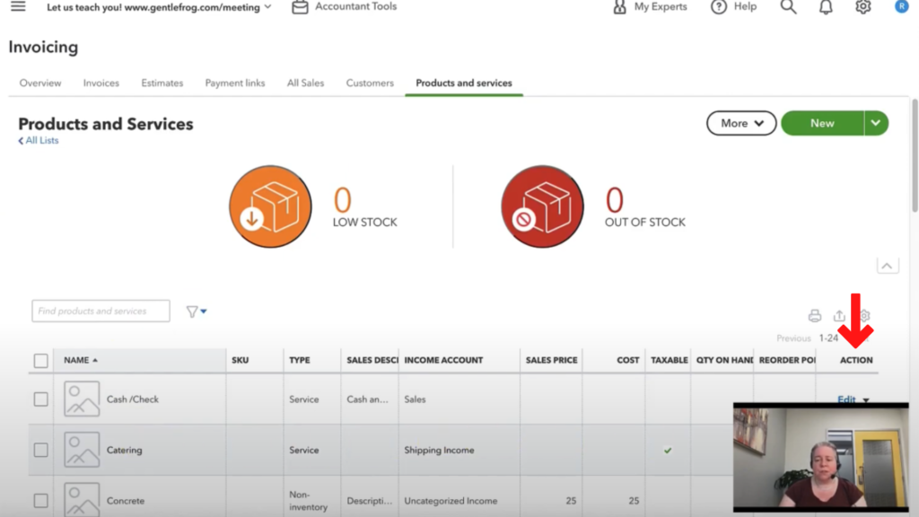 Products and Services List in QuickBooks Online