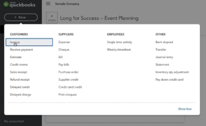 Create a new invoice from +New button in QuickBooks Canada