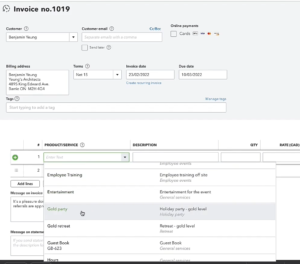 Product/Service drop-down in QuickBooks Canada invoice