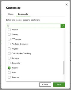 Customizing Bookmarks in the QuickBooks Online menu.