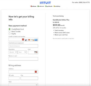 QuickBooks Online payment screen when creating a new account