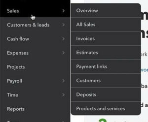 Sales in QuickBooks Online left-side nav menu