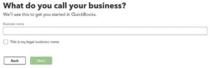 Entering your business name when setting up a new QBO account.