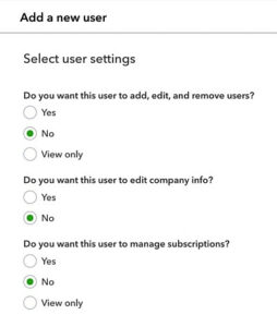 User settings when adding a Standard user to QuickBooks Online