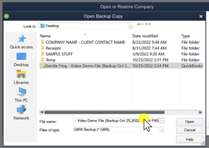 Opening a backup copy of QBDT to restore from.