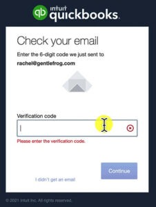 Enter verification code when accepting a QuickBooks accountant invite.