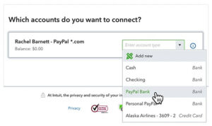 Selecting PayPal accounts to connect to QBO and entering an account type to match it with.