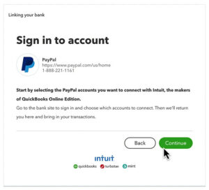 Sign in to account screen when connecting PayPal to QBO