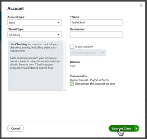 Disconnect this account on save checkbox in the Account banking information in QuickBooks Online