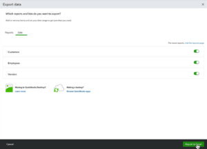 Exporting data from for all lists in QuickBooks Online.