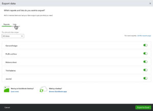 Export Data lists tab in QuickBooks Online