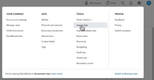 Navigating to Import data from the gear menu in QuickBooks Online