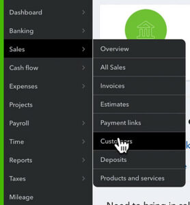 Navigating to your customers from the left side menu in QuickBooks Online.