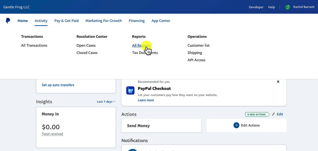 Navigating to All Reports in PayPal.