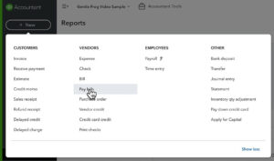 Using the + New button to get to the Pay Bills screen in QuickBooks Online.