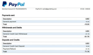 PayPal Statement payments sent, withdrawals and debits, deposits and credits.