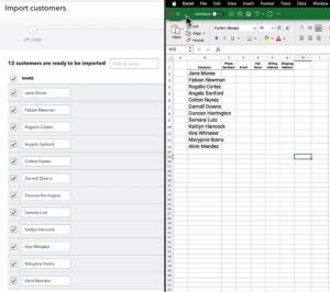 Side-by-side of Excel file importing into QBO and QBOs customer import