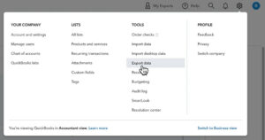 Navigating to Export Data in the gear menu in QuickBooks Online