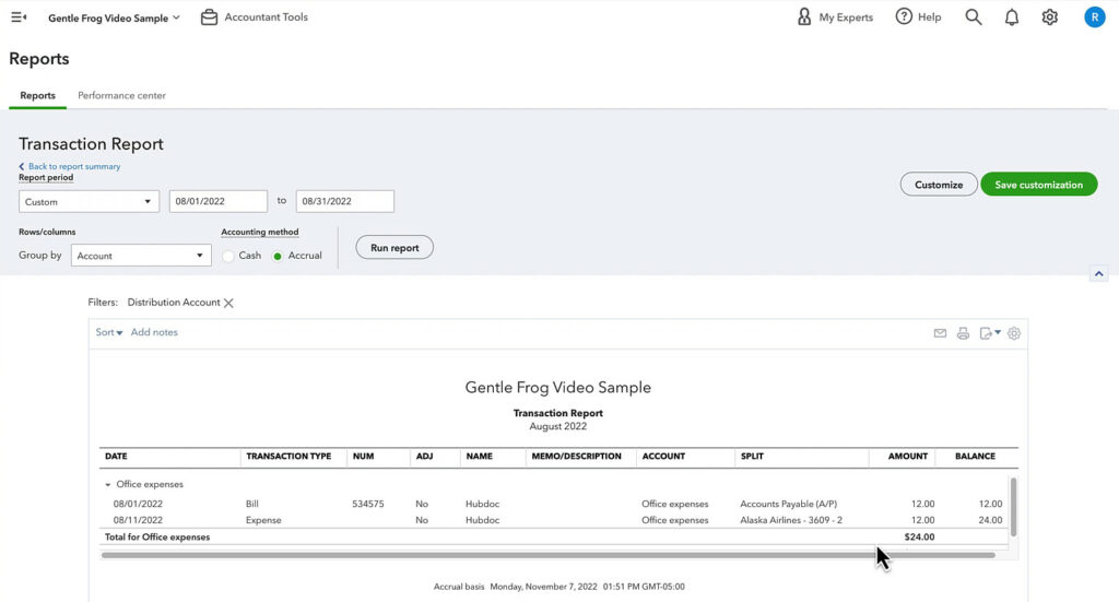 Finding a bill entered as an expense in a Transaction Report in QuickBooks Online.