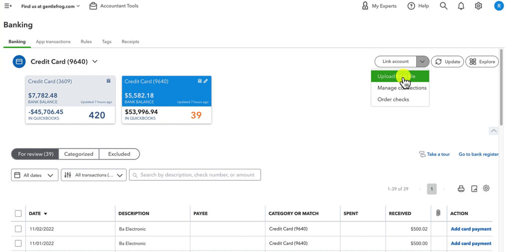 Upload from file option in the Banking screen in QBO.