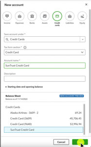 Entering a new credit card account into the Chart of accounts in QuickBooks Online.