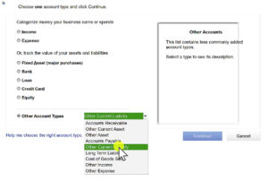 Other Account Types drop-down when creating an account in QuickBooks Desktop