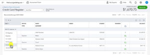 Switching to Transfer in the Credit Card Register in QuickBooks Online.