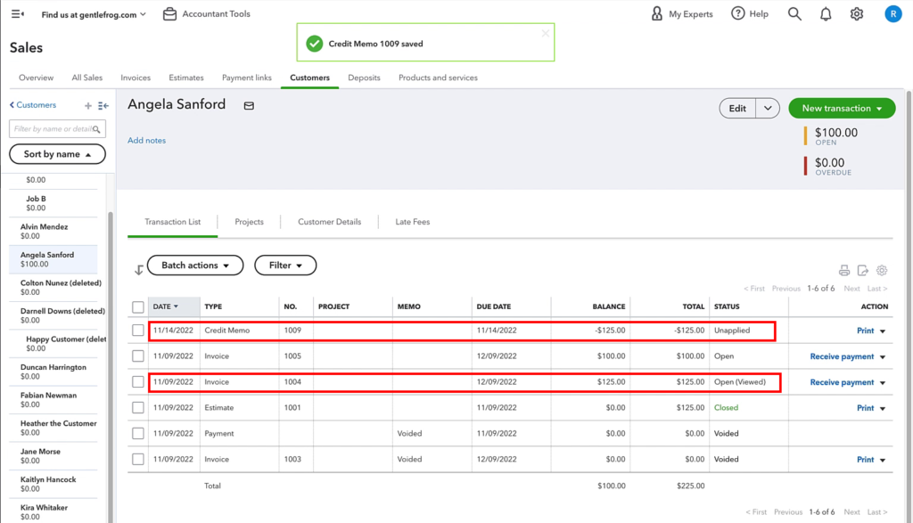 A credit memo and matching invoice in QuickBooks Online.