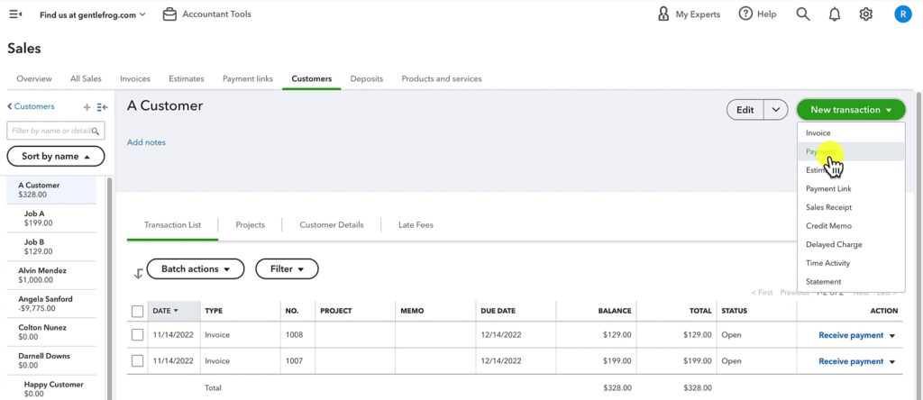 Creating a payment from a customer profile in QuickBooks Online.