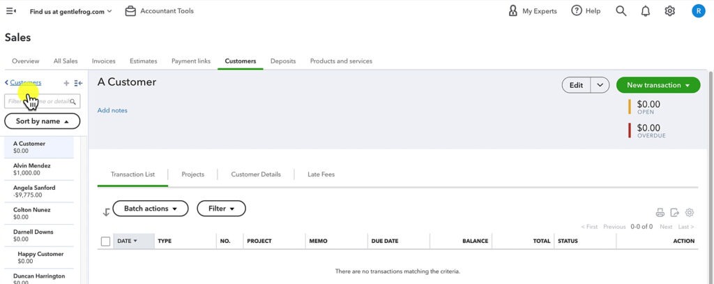 Clicking the Customers link in a customer profile to return to the customer list in QuickBooks Online.
