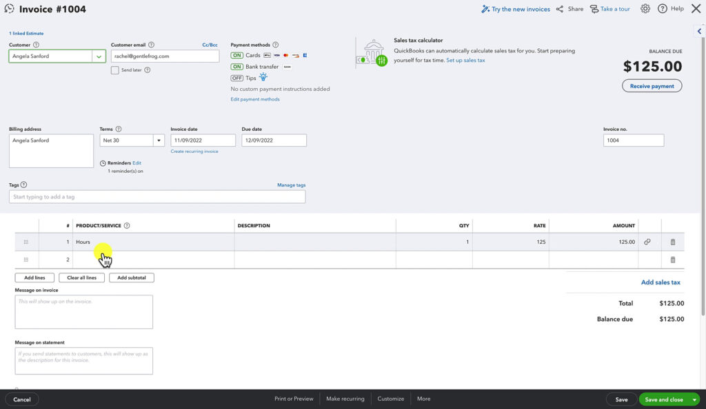 An invoice in QuickBooks Online.