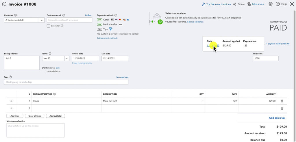 Payments made on an invoice in QuickBooks Online.