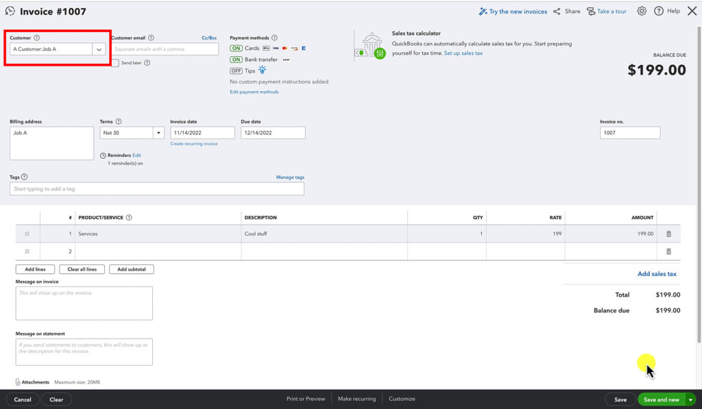 Creating an invoice for a sub-customer in QuickBooks Online.