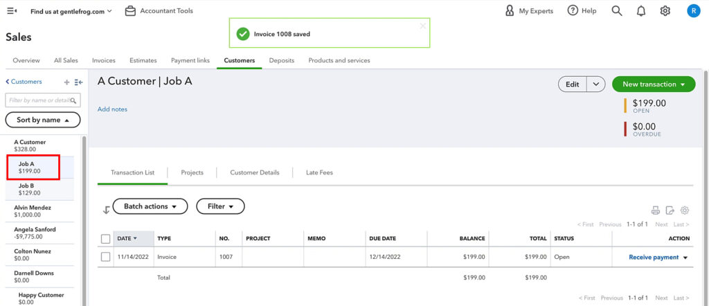 A sub-customer profile with an invoice in QuickBooks Online.