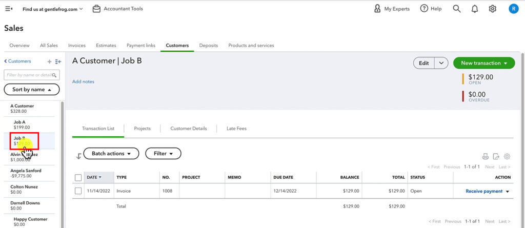 A sub-customer profile with an invoice in QuickBooks Online.
