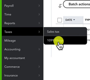 Navigate to 1099 filings from the left side menu in QuickBooks Online.