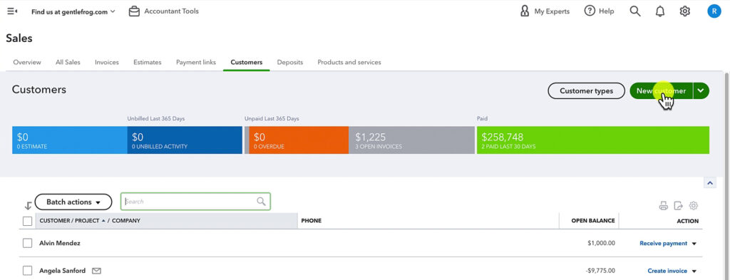 Adding a new customer in QuickBooks Online