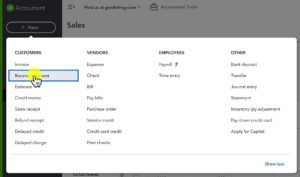 Selecting Receive Payment in the + New menu in QuickBooks Online.