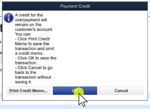 Payment Credit pop-up with options for saving a customer credit in QuickBooks Desktop.