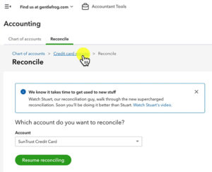 Navigating to the chart of accounts credit card register in QuickBooks Online from the Reconcile screen.