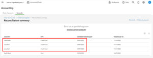 QuickBooks Online reconciliation summary showing multiple corporate credit card holder accounts reconciled to the same statement.