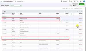 Sales receipt and refund in the register of a checking account in QuickBooks Online