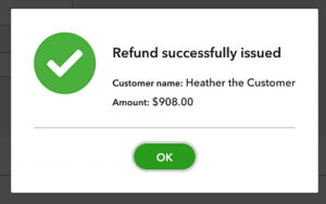 Refund successfully issued pop-up in QuickBooks Online