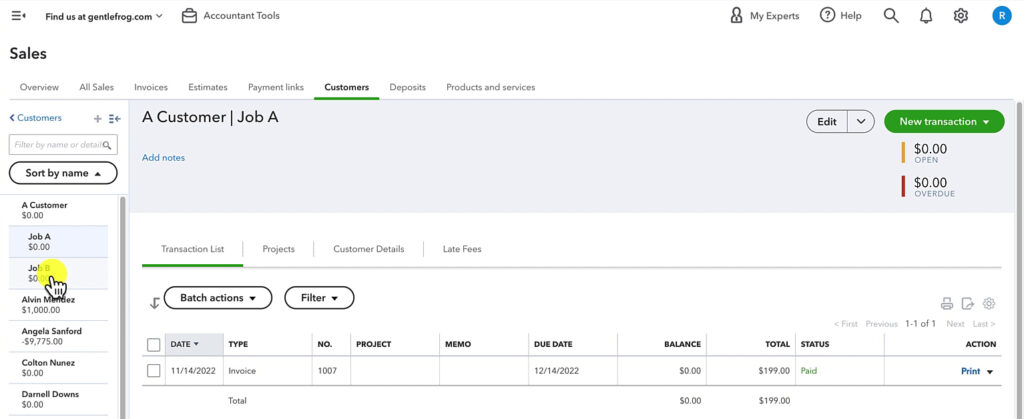 A sub-customer with a paid invoice in QuickBooks Online.