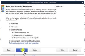 Selecting user access for Sales and Accounts Receivable when creating a new user in QuickBooks Desktop.