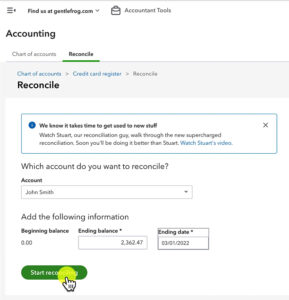Beginning reconciling a corporate cardholder account in QuickBooks Online.