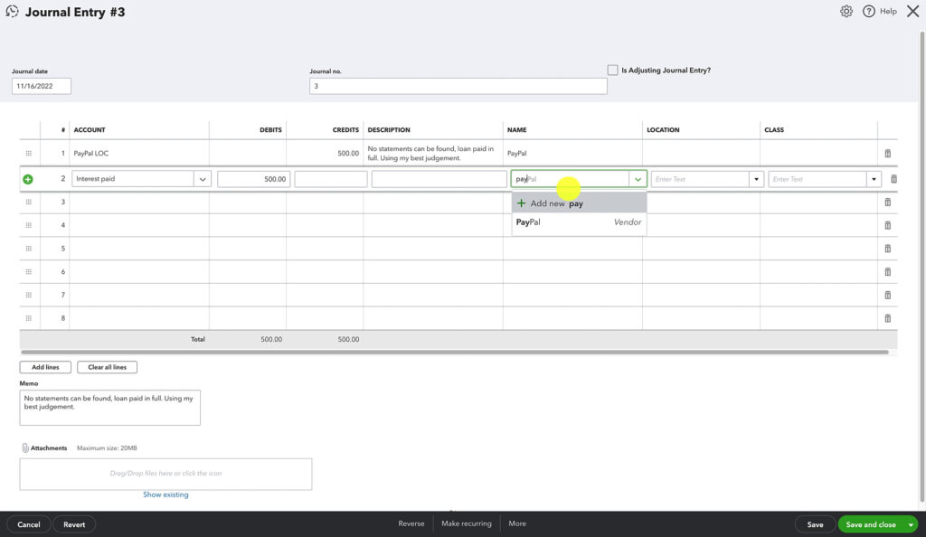 Adding a vendor name to an item on a Journal Entry in QuickBooks Online.