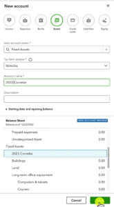 Creating a fixed asset account for a vehicle in QuickBooks Online.