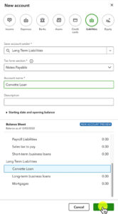 Creating a long term liability account for a loan in QuickBooks Online.