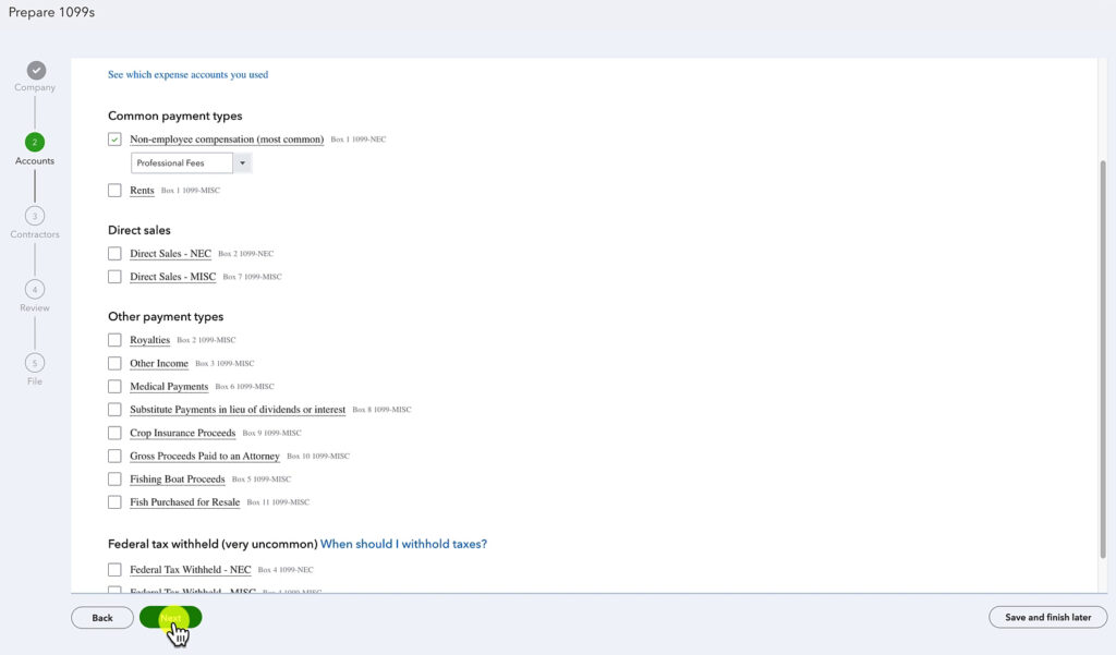 Categorizing payments for 1099s within QuickBooks Online.